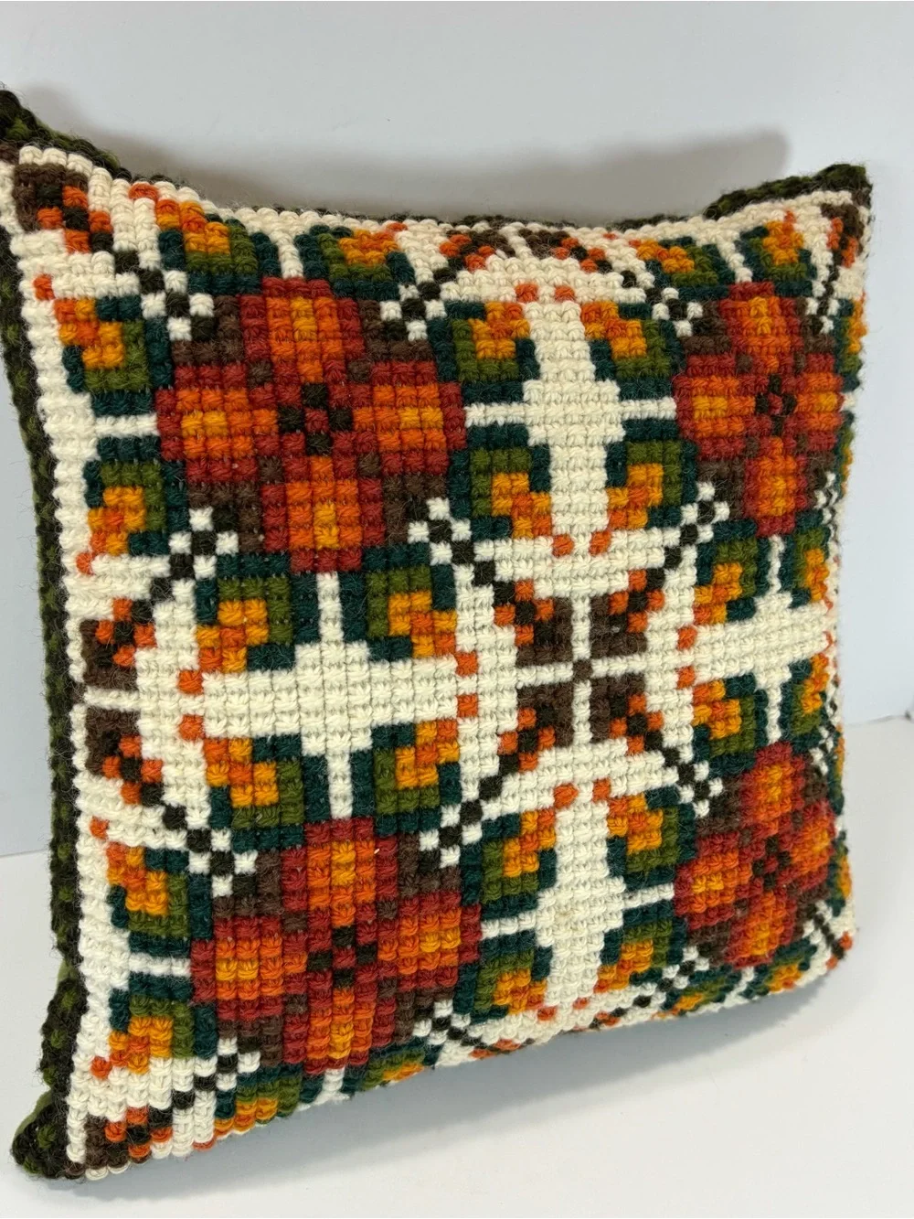 Vtg 60s 70s Completed Bargello Needlepoint Accent Pillow Orange Floral Groovy